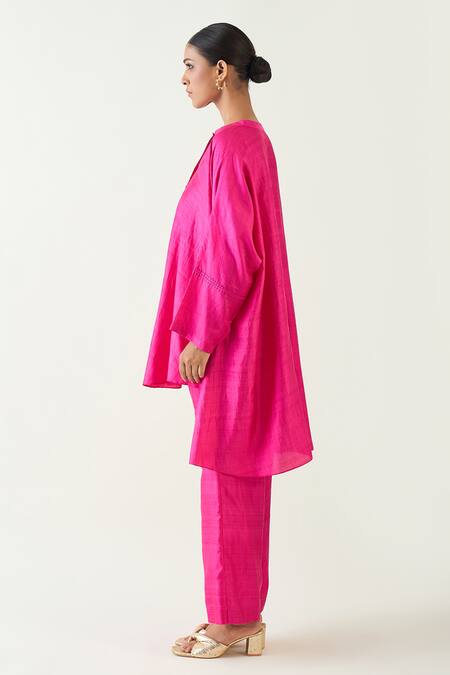 Shop Shivani Bhargava Pink Silk Solid Band Collar Ira Asymmetric Hem Kimono Tunic With Pant Online at Aza Fashions Shop_Shivani Bhargava_Pink Silk Solid Band Collar Ira Asymmetric Hem Kimono Tunic With Pant _Online_at_Aza_Fashions