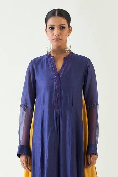 Shivani Bhargava_Purple Cotton Silk Pintuck Band Collar Kriya Embroidered Placket Kurta _Online_at_Aza_Fashions