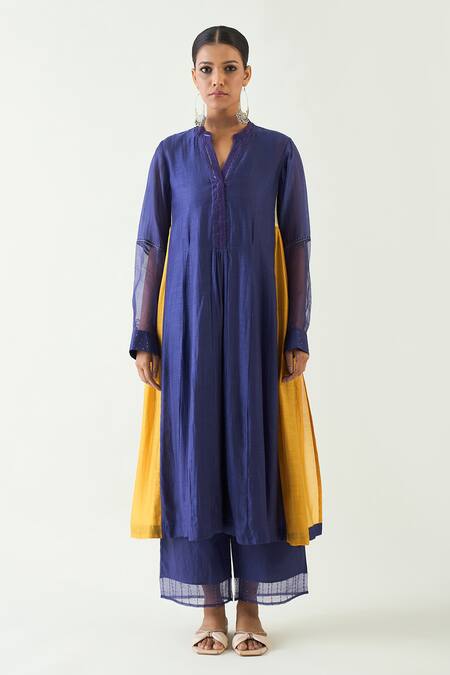 Shivani Bhargava Purple Cotton Silk Pintuck Band Collar Kriya Embroidered Placket Kurta Set Online at Aza Fashions Shivani Bhargava_Purple Cotton Silk Pintuck Band Collar Kriya Embroidered Placket Kurta Set _Online_at_Aza_Fashions