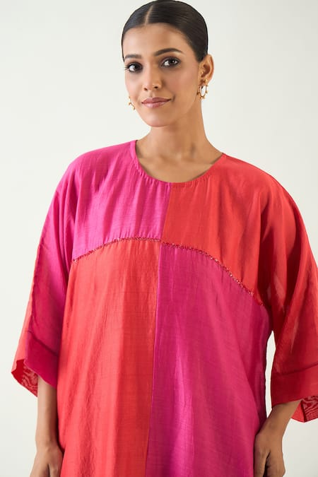 Shivani Bhargava_Pink Cotton Silk Sequin Round Color Blocked Tunic With Pant _at_Aza_Fashions