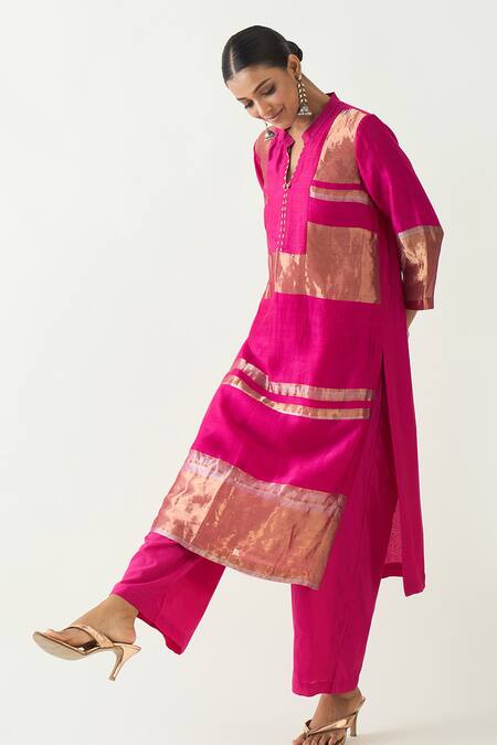 Buy_Shivani Bhargava_Pink Silk Zari Band Collar Stripe Detailed Kurta Pant Set _Online_at_Aza_Fashions
