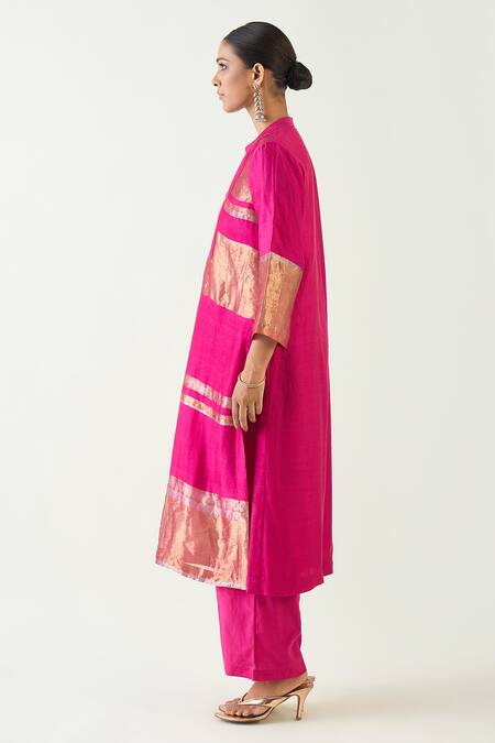 Shivani Bhargava_Pink Silk Zari Band Collar Stripe Detailed Kurta _Online_at_Aza_Fashions
