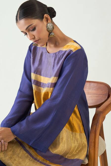 Shop_Shivani Bhargava_Purple Silk Zari Round Mira Stripe Detailed Kurta _Online_at_Aza_Fashions