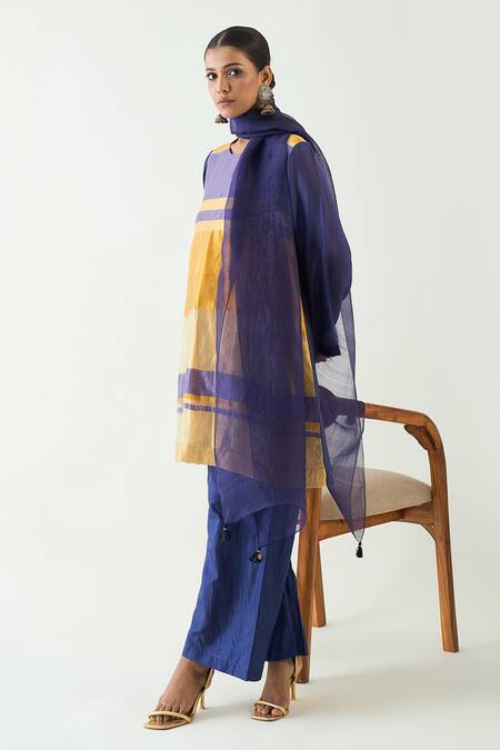 Buy_Shivani Bhargava_Purple Silk Zari Round Mira Stripe Detailed Kurta 