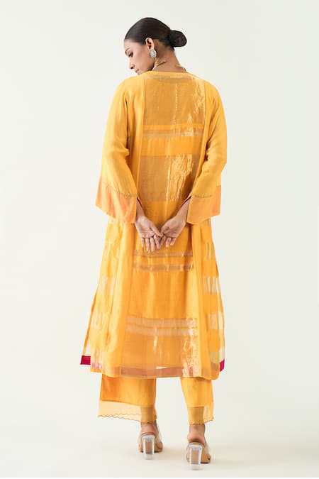 Shop Shivani Bhargava Yellow Silk, Tissue Embroidery V-neck Mira Handwoven Choga Kurta at Aza Fashions Shop_Shivani Bhargava_Yellow Silk, Tissue Embroidery V-neck Mira Handwoven Choga Kurta _at_Aza_Fashions