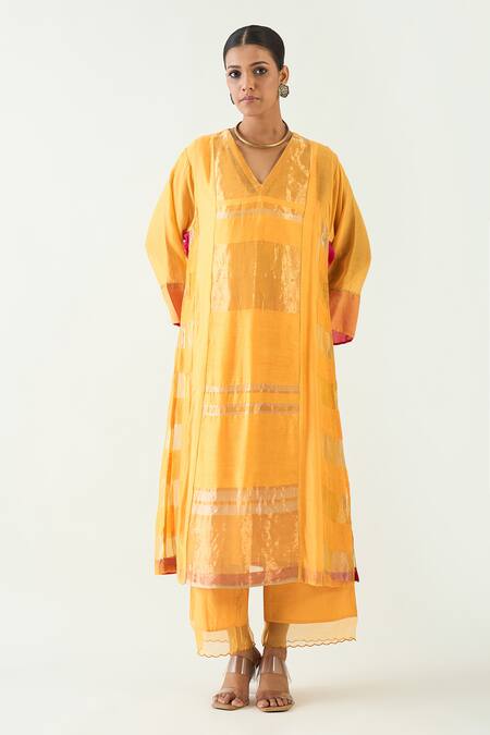 Shivani Bhargava Yellow Silk, Tissue Embroidery V-neck Mira Handwoven Choga Kurta Online at Aza Fashions Shivani Bhargava_Yellow Silk, Tissue Embroidery V-neck Mira Handwoven Choga Kurta _Online_at_Aza_Fashions