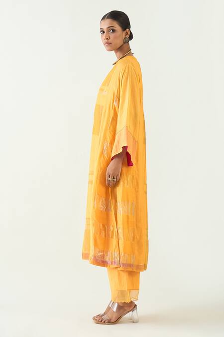 Buy Shivani Bhargava Yellow Silk, Tissue Embroidery V-neck Mira Handwoven Choga Kurta Online at Aza Fashions Buy_Shivani Bhargava_Yellow Silk, Tissue Embroidery V-neck Mira Handwoven Choga Kurta _Online_at_Aza_Fashions