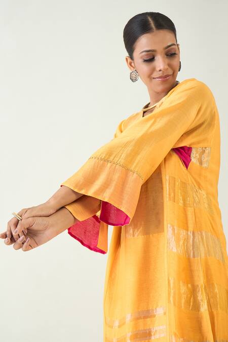 Shop Shivani Bhargava Yellow Silk, Tissue Embroidery V-neck Mira Handwoven Choga Kurta Online at Aza Fashions Shop_Shivani Bhargava_Yellow Silk, Tissue Embroidery V-neck Mira Handwoven Choga Kurta _Online_at_Aza_Fashions