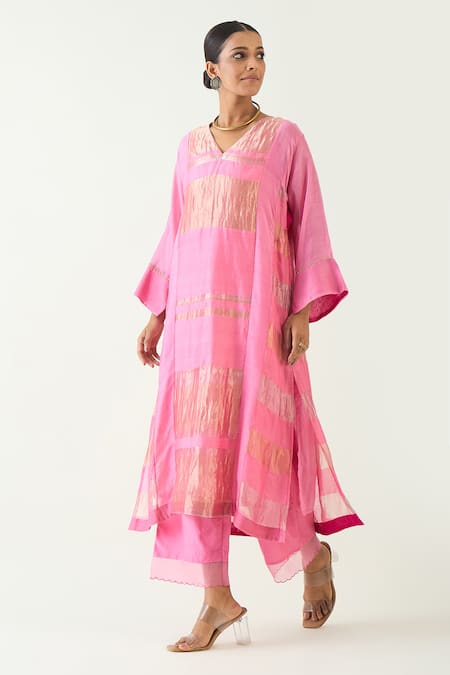 Shivani Bhargava Pink Silk Stripe Tissue Handwoven Zari V-neck Mira Hand Embroidered Choga Kurta 