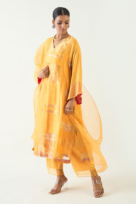 Shivani Bhargava Yellow Kurta Silk Stripe Tissue Handwoven Zari V-neck Mira Choga Set 