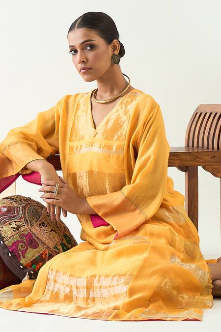 Shivani Bhargava Yellow , Organza Beads, Zari, Tassels Mira Handwoven Choga Kurta Set at Aza Fashions Shivani Bhargava_Yellow , Organza Beads, Zari, Tassels Mira Handwoven Choga Kurta Set _at_Aza_Fashions