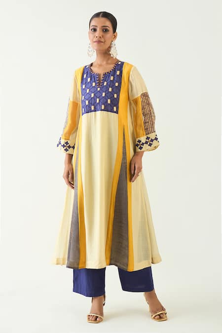 Shivani Bhargava Yellow Cotton Silk Embroidered Thread Notched Roop Color Blocked Kurta Set Online at Aza Fashions Shivani Bhargava_Yellow Cotton Silk Embroidered Thread Notched Roop Color Blocked Kurta Set _Online_at_Aza_Fashions