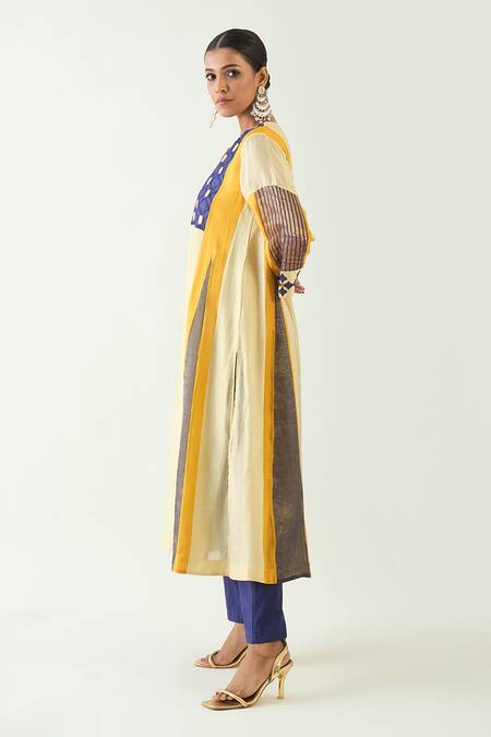 Buy Shivani Bhargava Yellow Cotton Silk Embroidered Thread Notched Roop Color Blocked Kurta Set Online at Aza Fashions Buy_Shivani Bhargava_Yellow Cotton Silk Embroidered Thread Notched Roop Color Blocked Kurta Set _Online_at_Aza_Fashions