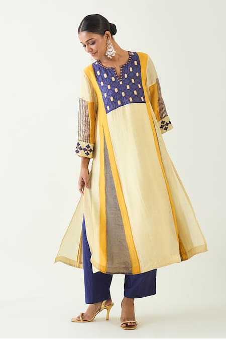 Shop Shivani Bhargava Yellow Cotton Silk Embroidered Thread Notched Roop Color Blocked Kurta Set Online at Aza Fashions Shop_Shivani Bhargava_Yellow Cotton Silk Embroidered Thread Notched Roop Color Blocked Kurta Set _Online_at_Aza_Fashions