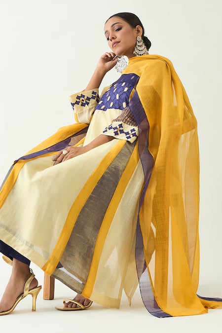 Buy Shivani Bhargava Yellow Cotton Silk Embroidered Thread Notched Roop Color Blocked Kurta Set Buy_Shivani Bhargava_Yellow Cotton Silk Embroidered Thread Notched Roop Color Blocked Kurta Set