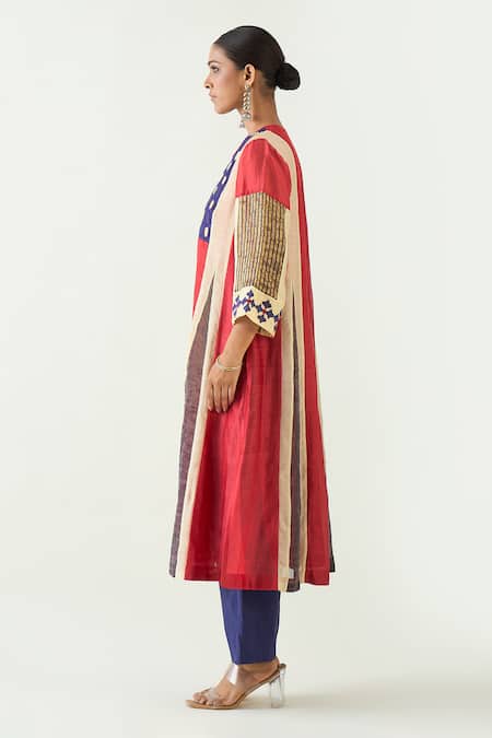 Shivani Bhargava Red Cotton, Silk Zari, Embroidery, Applique Mandarin Collar Roop Kurta Set Online at Aza Fashions Shivani Bhargava_Red Cotton, Silk Zari, Embroidery, Applique Mandarin Collar Roop Kurta Set _Online_at_Aza_Fashions