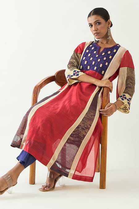 Shivani Bhargava Red Cotton, Silk Zari, Embroidery, Applique Mandarin Collar Roop Kurta Set at Aza Fashions Shivani Bhargava_Red Cotton, Silk Zari, Embroidery, Applique Mandarin Collar Roop Kurta Set _at_Aza_Fashions