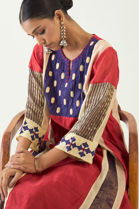 Buy Shivani Bhargava Red Cotton, Silk Zari, Embroidery, Applique Mandarin Collar Roop Kurta Set Buy_Shivani Bhargava_Red Cotton, Silk Zari, Embroidery, Applique Mandarin Collar Roop Kurta Set