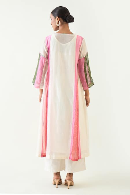 Shop_Shivani Bhargava_Ivory Cotton Silk Hand Embroidered Thread Notched Isha Color Blocked Kurta _at_Aza_Fashions