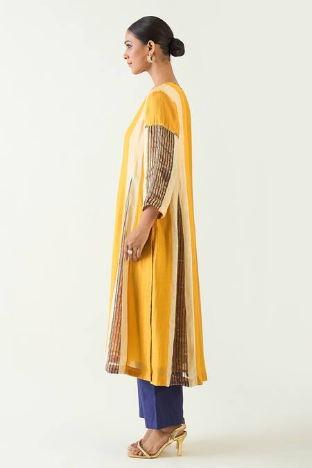 Buy_Shivani Bhargava_Yellow Cotton, Silk Embroidery Split V-neck Isha Hand Kurta _Online_at_Aza_Fashions