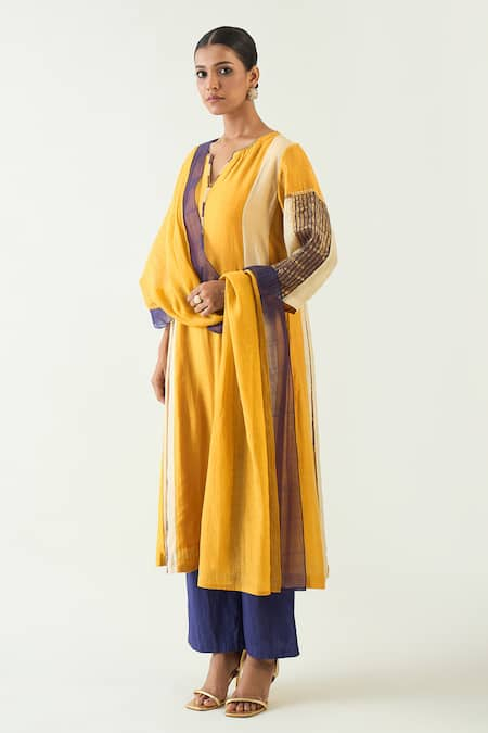 Shivani Bhargava Yellow Cotton Silk Hand Embroidered Thread Notched Isha Kurta Set 