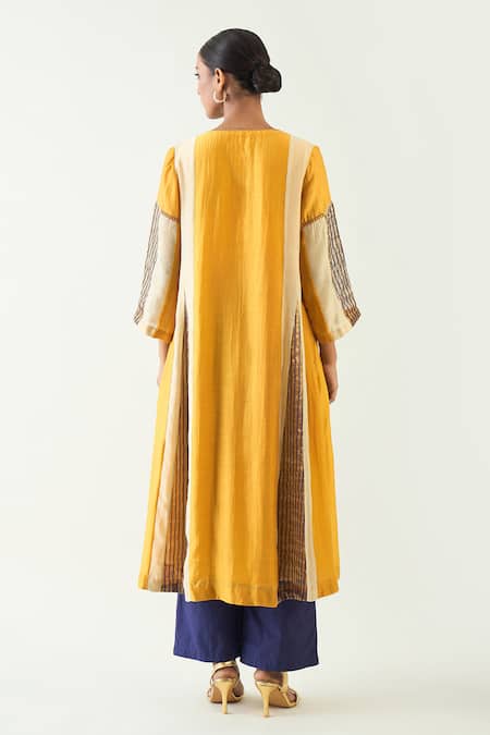 Shop Shivani Bhargava Yellow Cotton Silk Hand Embroidered Thread Notched Isha Kurta Set at Aza Fashions Shop_Shivani Bhargava_Yellow Cotton Silk Hand Embroidered Thread Notched Isha Kurta Set _at_Aza_Fashions