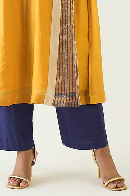 Shivani Bhargava Yellow Cotton Silk Hand Embroidered Thread Notched Isha Kurta Set Online at Aza Fashions Shivani Bhargava_Yellow Cotton Silk Hand Embroidered Thread Notched Isha Kurta Set _Online_at_Aza_Fashions