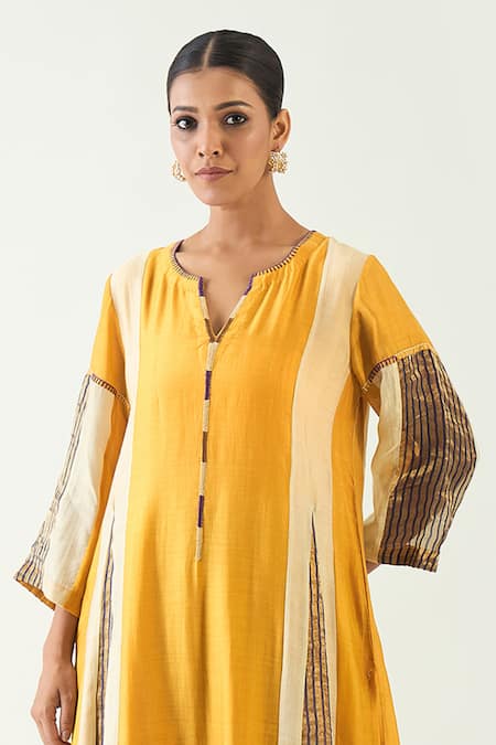 Buy Shivani Bhargava Yellow Cotton Silk Hand Embroidered Thread Notched Isha Kurta Set Online at Aza Fashions Buy_Shivani Bhargava_Yellow Cotton Silk Hand Embroidered Thread Notched Isha Kurta Set _Online_at_Aza_Fashions