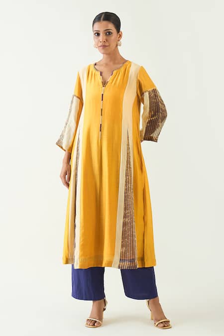 Shop Shivani Bhargava Yellow Cotton Silk Hand Embroidered Thread Notched Isha Kurta Set Online at Aza Fashions Shop_Shivani Bhargava_Yellow Cotton Silk Hand Embroidered Thread Notched Isha Kurta Set _Online_at_Aza_Fashions