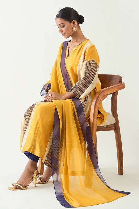 Buy Shivani Bhargava Yellow Cotton Silk Hand Embroidered Thread Notched Isha Kurta Set Buy_Shivani Bhargava_Yellow Cotton Silk Hand Embroidered Thread Notched Isha Kurta Set