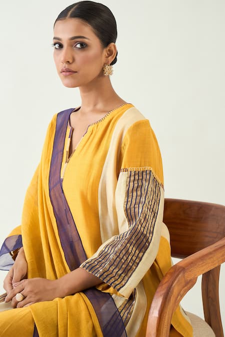 Shop Shivani Bhargava Yellow Cotton Silk Hand Embroidered Thread Notched Isha Kurta Set Shop_Shivani Bhargava_Yellow Cotton Silk Hand Embroidered Thread Notched Isha Kurta Set