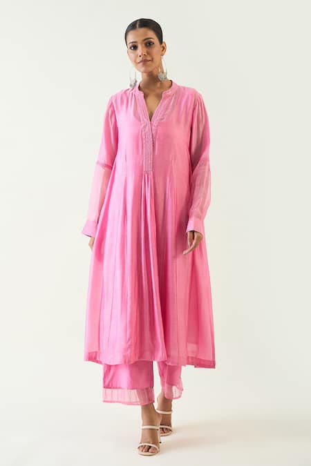 Shivani Bhargava Pink Cotton Silk Hand Embroidered Thread Urvi A-line Kurta 