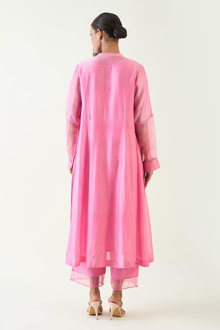 Shop Shivani Bhargava Pink Cotton Silk Hand Embroidered Thread Urvi A-line Kurta at Aza Fashions Shop_Shivani Bhargava_Pink Cotton Silk Hand Embroidered Thread Urvi A-line Kurta _at_Aza_Fashions