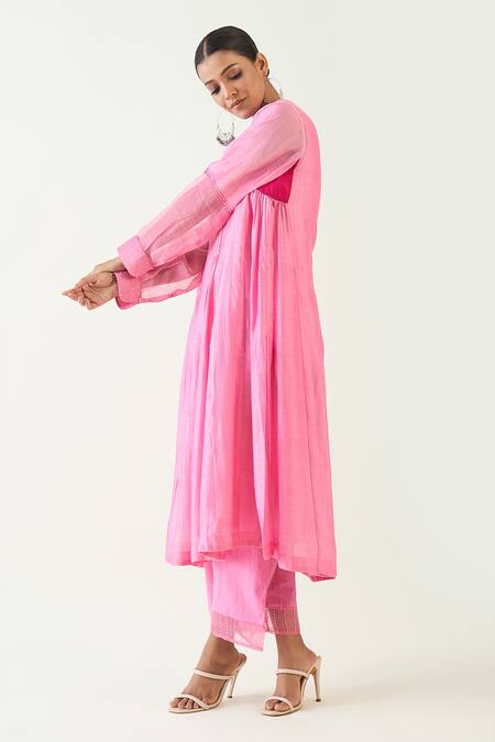 Buy Shivani Bhargava Pink Cotton Silk Hand Embroidered Thread Urvi A-line Kurta Online at Aza Fashions Buy_Shivani Bhargava_Pink Cotton Silk Hand Embroidered Thread Urvi A-line Kurta _Online_at_Aza_Fashions