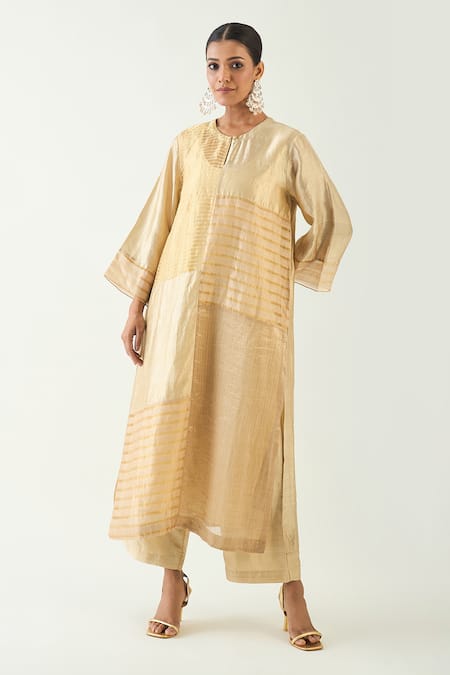 Shivani Bhargava Beige Cotton Silk Woven Zari Stripe Notched Kaya Kurta 