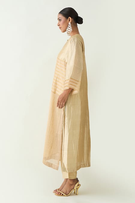 Buy_Shivani Bhargava_Beige Cotton Silk Woven Zari Stripe Notched Kaya Kurta _Online_at_Aza_Fashions