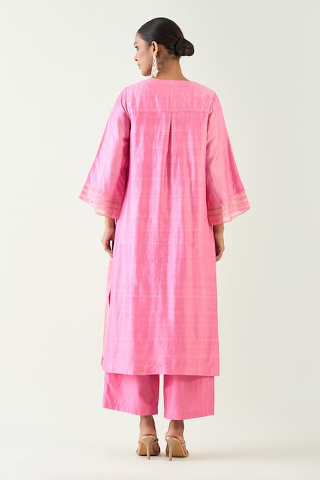 Shop Shivani Bhargava Pink Cotton Silk Woven Zari Stripe Notched Kaya Kurta at Aza Fashions Shop_Shivani Bhargava_Pink Cotton Silk Woven Zari Stripe Notched Kaya Kurta _at_Aza_Fashions