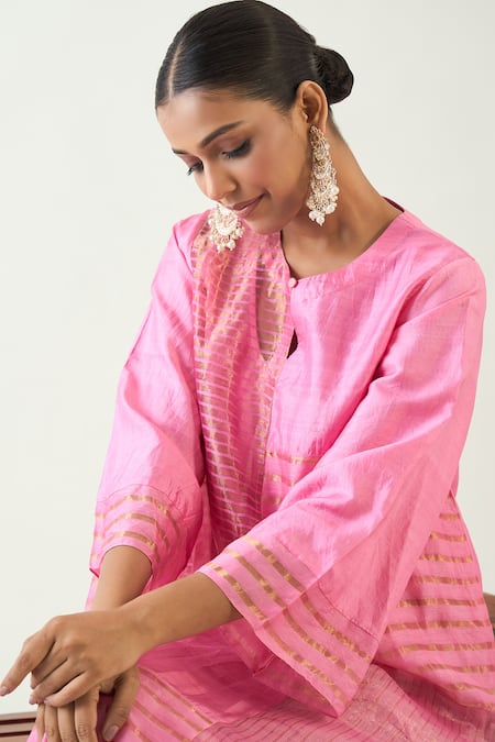 Shop Shivani Bhargava Pink Cotton Silk Woven Zari Stripe Notched Kaya Kurta Online at Aza Fashions Shop_Shivani Bhargava_Pink Cotton Silk Woven Zari Stripe Notched Kaya Kurta _Online_at_Aza_Fashions