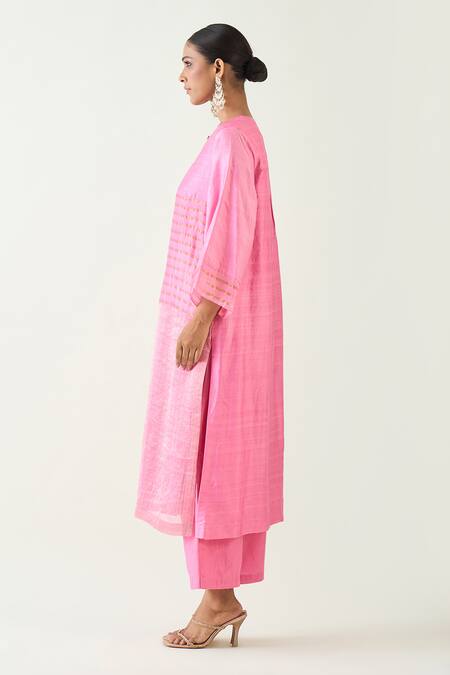 Buy_Shivani Bhargava_Pink Cotton Silk Handwoven Zari Stripe Notched Kaya Kurta Set _Online_at_Aza_Fashions