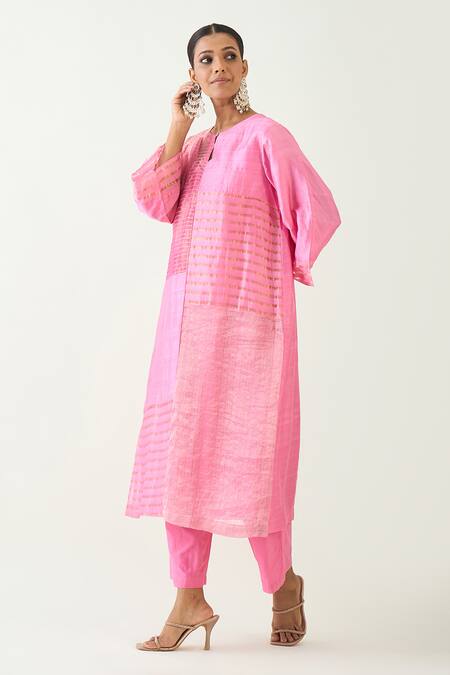 Shop_Shivani Bhargava_Pink Cotton Silk Handwoven Zari Stripe Notched Kaya Kurta Set _Online_at_Aza_Fashions