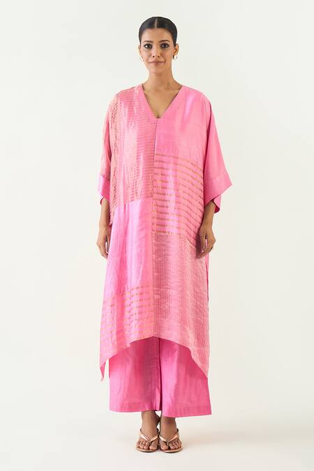 Shivani Bhargava_Pink Cotton, Silk Zari V-neck Kaya Handwoven Kaftan _Online_at_Aza_Fashions