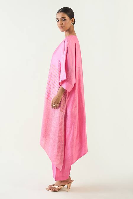 Buy_Shivani Bhargava_Pink Cotton, Silk Zari V-neck Kaya Handwoven Kaftan _Online_at_Aza_Fashions