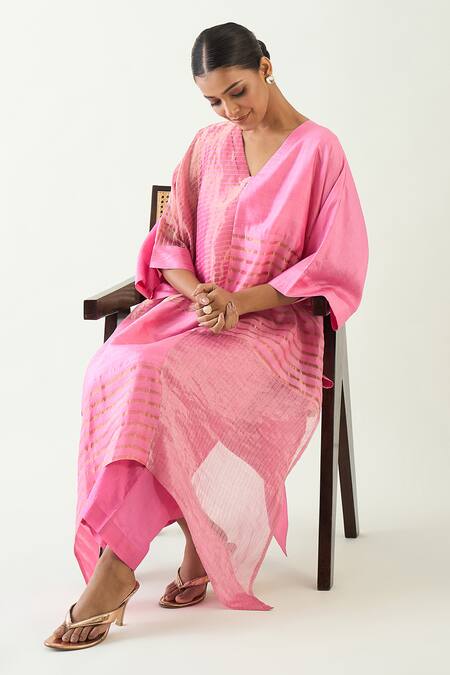 Shop_Shivani Bhargava_Pink Cotton, Silk Zari V-neck Kaya Handwoven Kaftan _Online_at_Aza_Fashions