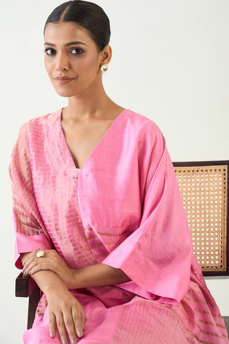 Shivani Bhargava_Pink Cotton, Silk Zari V-neck Kaya Handwoven Kaftan _at_Aza_Fashions