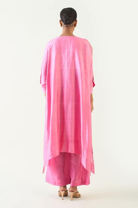 Shop Shivani Bhargava Pink Cotton Satin, Cotton, Silk Zari V-neck Kaya Handwoven Kaftan With Pant at Aza Fashions Shop_Shivani Bhargava_Pink Cotton Satin, Cotton, Silk Zari V-neck Kaya Handwoven Kaftan With Pant _at_Aza_Fashions