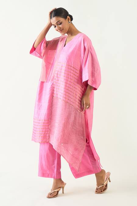 Buy Shivani Bhargava Pink Cotton Satin, Cotton, Silk Zari V-neck Kaya Handwoven Kaftan With Pant Online at Aza Fashions Buy_Shivani Bhargava_Pink Cotton Satin, Cotton, Silk Zari V-neck Kaya Handwoven Kaftan With Pant _Online_at_Aza_Fashions