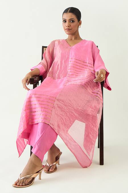 Buy Shivani Bhargava Pink Cotton Satin, Cotton, Silk Zari V-neck Kaya Handwoven Kaftan With Pant Buy_Shivani Bhargava_Pink Cotton Satin, Cotton, Silk Zari V-neck Kaya Handwoven Kaftan With Pant