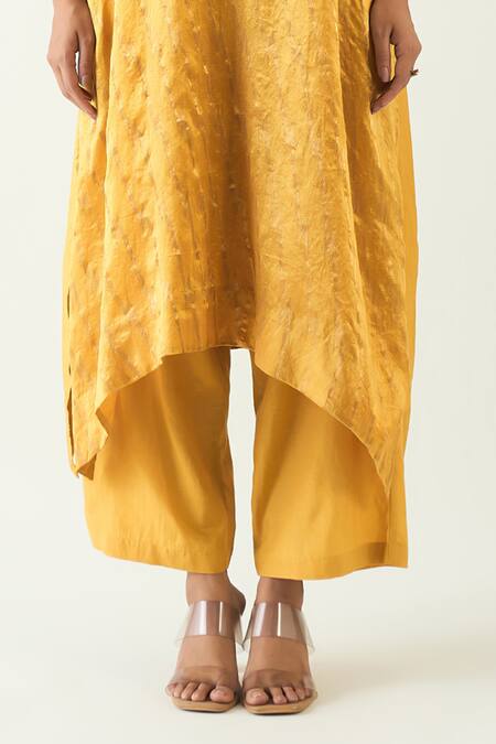 Buy_Shivani Bhargava_Yellow Silk Embroidery Split V-neck Damani Kurta With Pant _Online_at_Aza_Fashions