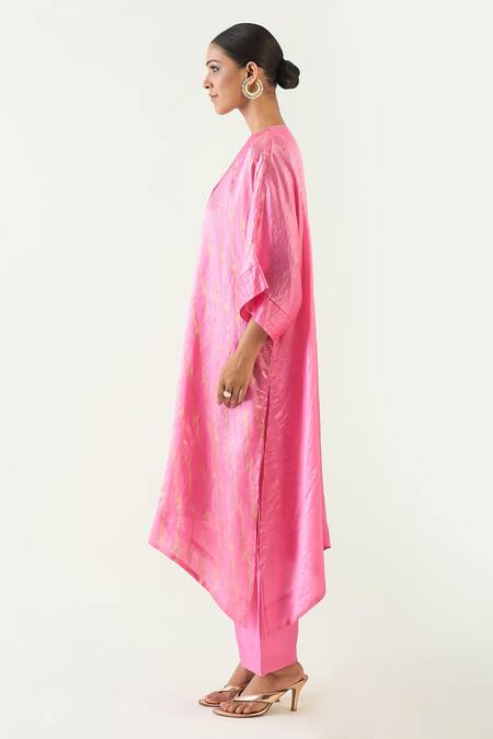 Shivani Bhargava_Pink Silk Embroidery, Zari Damani Asymmetric Kurta With Pant _Online_at_Aza_Fashions