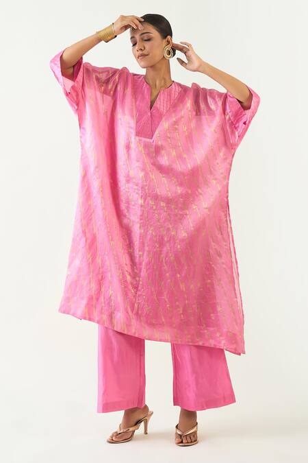 Buy_Shivani Bhargava_Pink Silk Embroidery, Zari Damani Asymmetric Kurta With Pant _Online_at_Aza_Fashions